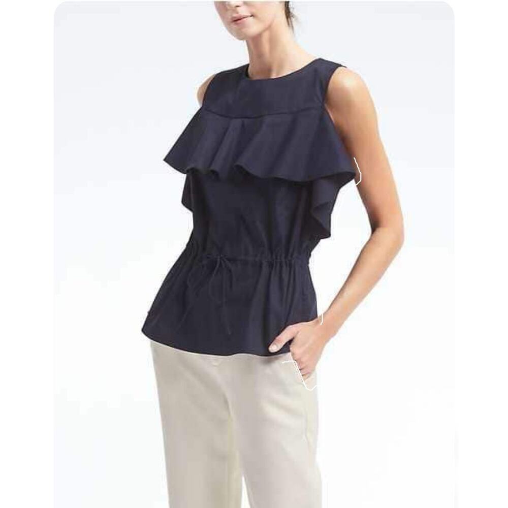 Banana Republic Sleeveless Ruffle Cinch Waist Navy Top S